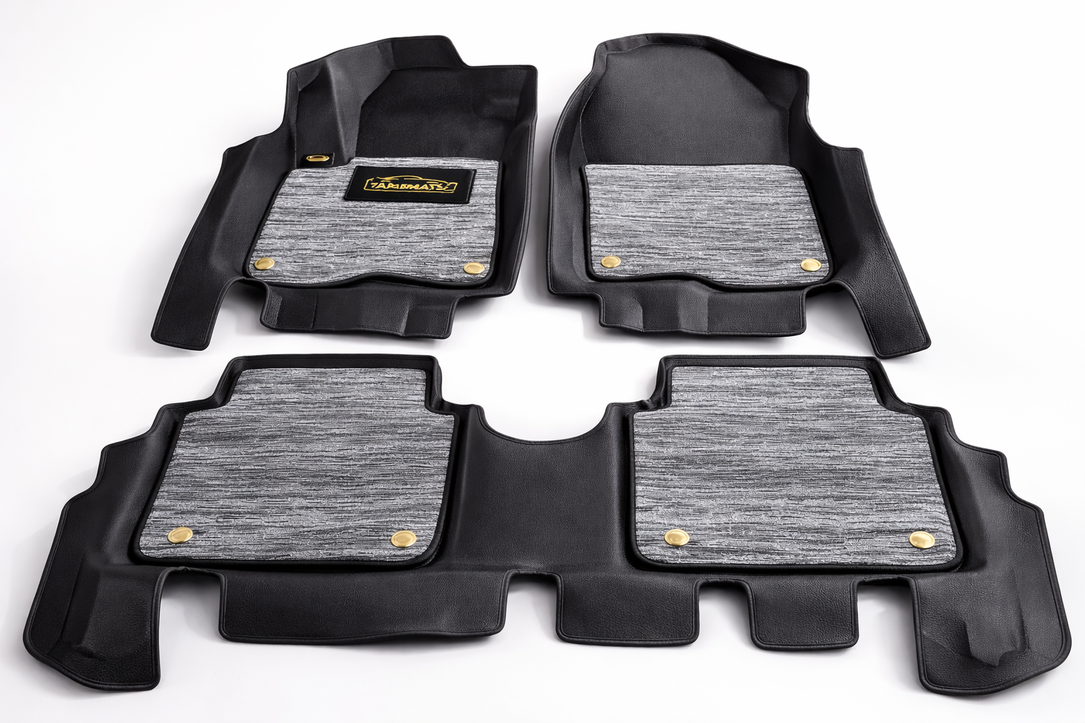 Set of black car floor mats with gray inserts on a white background